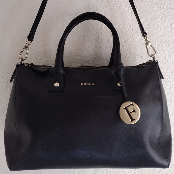 Furla Handbags - Furla Linda Medium Leather Black And Gold Satchel Bag